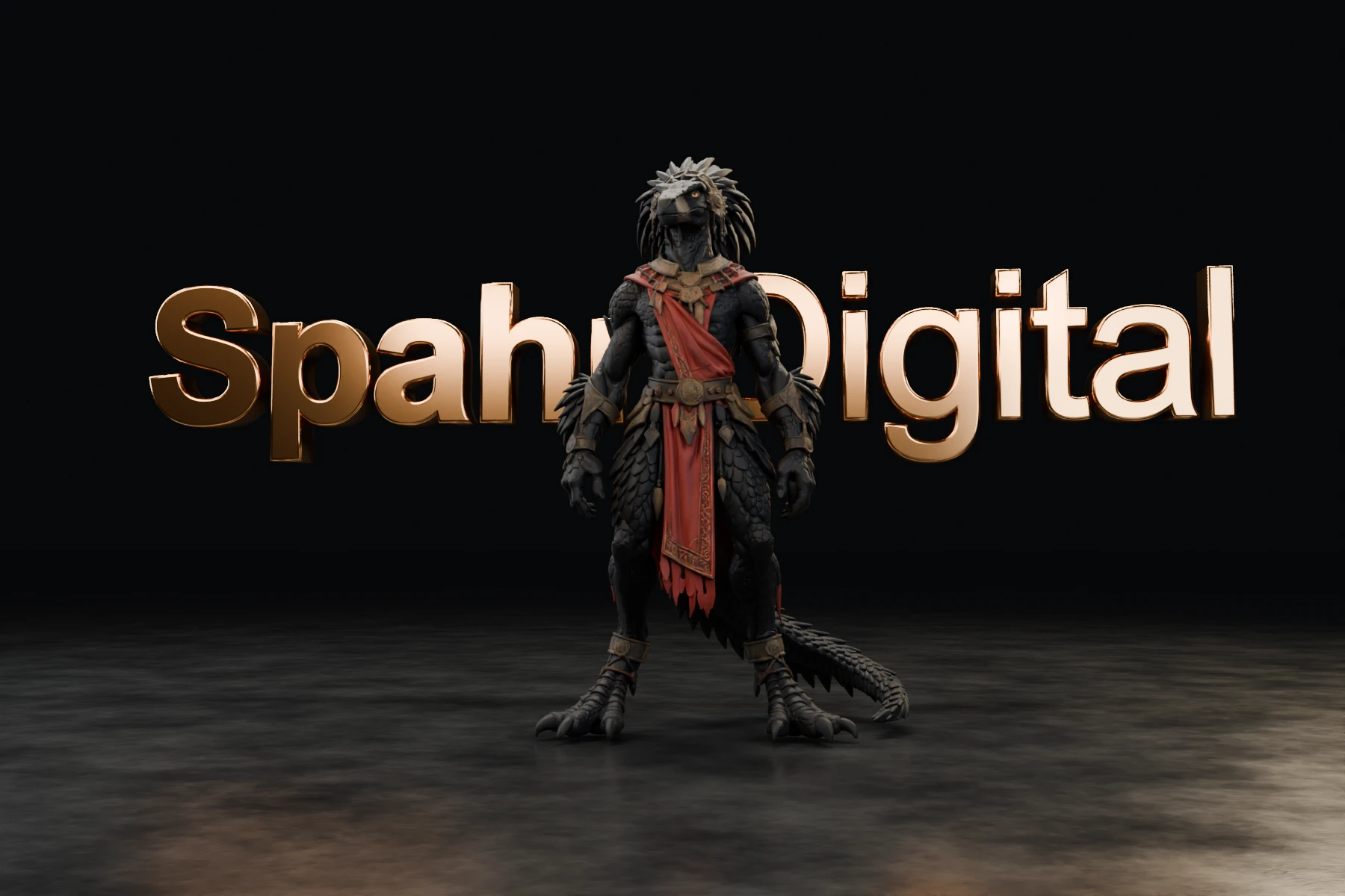A low-angle view of a black, feather-crested lizardman on weathered polished black stone, with shiny copper-gold SpahnDigital lettering floating at chest height behind him.